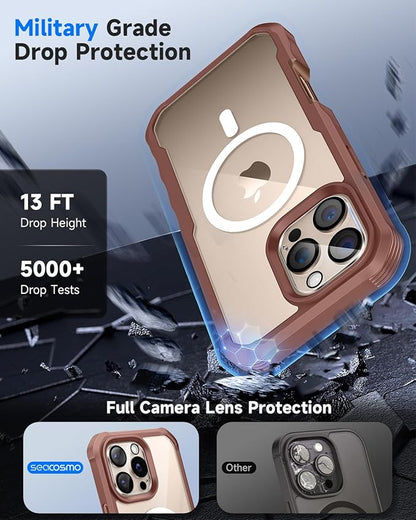 seacosmo for iPhone 16 Pro Max Case, Full Body Bumper with Built-in 9H Tempered Glass Privacy Screen Protector and Camera Lens Protector, Compatible with MagSafe, Shockproof Case, 6.9", Desert Brown