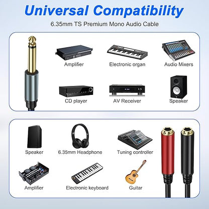 XMSJSIY 1/4" 6.35mm TS Mono Splitter 1 to 2 Audio Y Splitter Cable Adapter 6.35mm TS Male to Dual Female Mono Guitar Signal Audio Cord Gold Plaed for OFC HiFi TS Speaker Microphone Headphone-2M/6.5FT