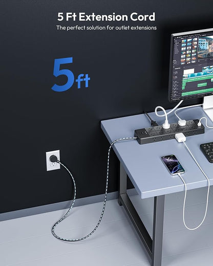 24 Widely Outlets 5 Ft Extension Cord NTONPOWER 15A/1875W Power Strips,Black Extension Cord 25FT with 4 USB Ports(2 USB C), Wall Mount Holes for Home, Office