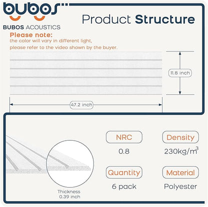 BUBOS 6 Pack Large Acoustic Panels,48x12Inch SoundProof Panels for Walls,Self Adhesive Acoustic Wall Panels,Decorative Sound Panels for Home Studio Office (White 02)