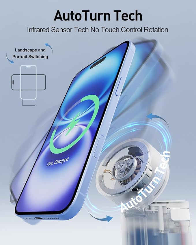 iWALK 3 in 1 Wireless Charging Stand with Auto Rotation, Charging Station with Magnet for Apple Devices, 15W Foldable Wireless Charger Station for iPhone 16 15 14 13 12 & Apple Watch & Airpods, White