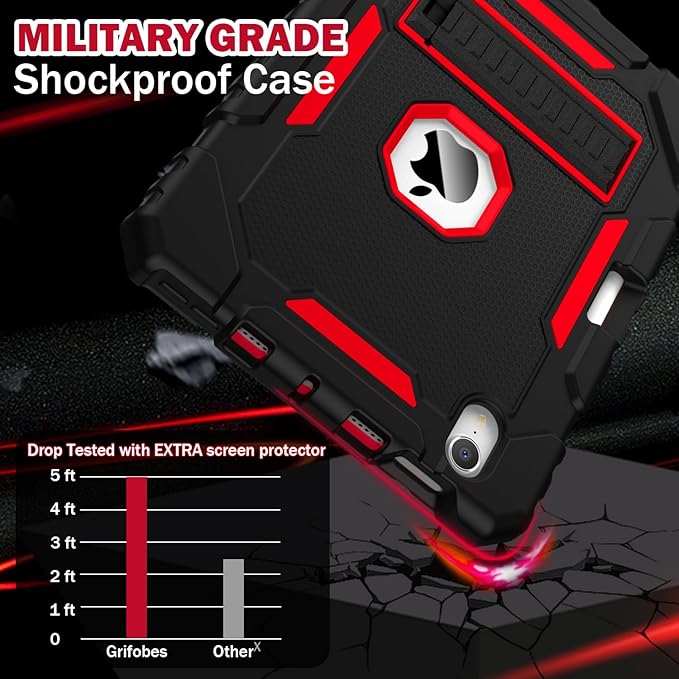 Grifobes Case for iPad Mini 7 (A17 Pro) 2024 / Mini 6 2021 8.3 inch, Heavy Duty Shockproof Rugged Cover with Pencil Holder Stand, for I Pad Mini 7th/6th Gen 8.3" Case for Kids Boys (Black+Red)