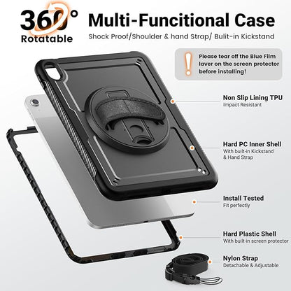 SCSVPN Case for iPad (A16) 11th Generation 11 Inch 2025 / 10th Generation 10.9 Inch 2022, Shockproof Protective Case with Screen Protector, Pencil Holder, Rotating Stand, Hand/Shoulder Strap - Black