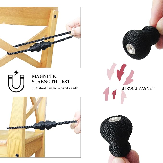 Nieffeiy Magnetic Curtain Tiebacks Outdoor Curtain Tie Backs Rope Decorative Magnetic Curtain Holders for Drapes Window Treatment Holdbacks, Glossy Black 4Pack