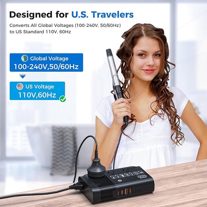 DOACE 500W Max Pure Sine Wave Voltage Converter Us to Europe, 220V to 110V Converter 50Hz to 60Hz Transformer for European Travel, Power Converter Adapter Combo for CPAP Hair Straightener Laptop Phone