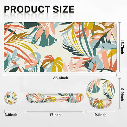 Britimes Bohemian Rainforest Keyboard Mouse Pad Set 4in1 Large Mousepad+Keyboard Wrist Rest+Mouse Wrist Rest+Coaster Set with Ergonomic Design for Home Office Computer 35.4x15.7 inches
