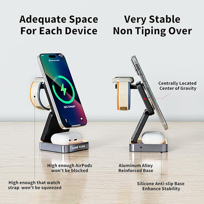 2025 Upgraded 3-in-1 Magnetic Wireless Charger,Charging Stand,Charging Station,for iPhone 12-16,iWatch,AirPods,Ultra-Safe, Foldable, with Adjustable Night Light & Included Adapter