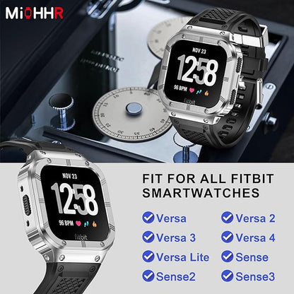 MioHHR Stainless Steel Case and Band Compatible with Fitbit Versa 4/3/2/Lite/Sense/Sense 2 Bands with Metal Case, Rugged Sports Protector Cover Silicone Wristbands for Men, Silver