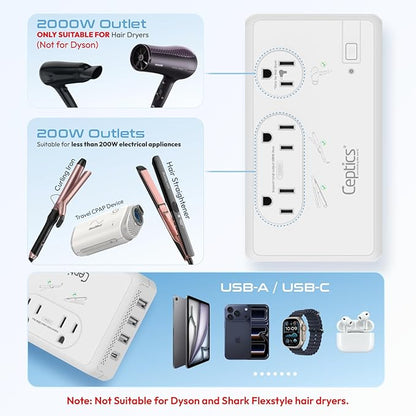 Ceptics 2000W Travel Voltage Converter for Hair Dryer & 200W Convert 220V to 110V for Curling Iron, Straightener, Chargers, Step Down World Power 4 USB Charging QC 3.0 SWadApt Type A, B, C, E/F, G, I