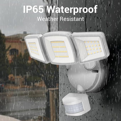 NOVOSTELLA Security Lights Motion Sensor Outdoor, 2Pack LED Flood Lights with Remote, Dusk to Dawn 45W 5000lm 5000K, 3 Heads Wired Wall Adjustable Floodlights, IP65 Waterproof for Garage Yard House