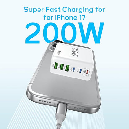 2 Pack USB C Charger Block, 200W GaN Super Fast Charger Type C iPhone 17 16 Fast Charging 6 Port Foldable PD Charging Station for All iPhone/Samsung Galaxy S25/S24/MacBook iPad