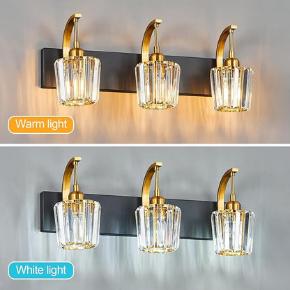 FDPBY Modern Bathroom Vanity Light, 3-Light Black Gold Wall Sconce with Crystal Accents, Over Mirror Bathroom Lighting Fixture, 23.62" Long Dimmable Vanity Lamp for Makeup, Easy Installation