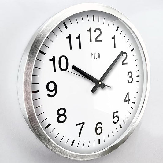 HITO 16" Silent Wall Clock Battery Operated Non Ticking Sweep Movement Glass Cover Silver Aluminum Frame, for Kitchen, Bedroom, Home Office, Living Room Decor