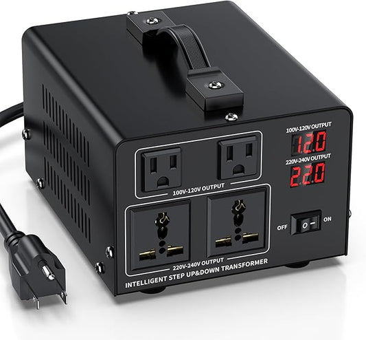 1500W Voltage Converter Transformer Step Up 110V/120V to220V/240V or Step Down 220V to 110V AC Power Converte, Circuit Breaker Protection, 2 US sockets, 2 Universal sockets, LCD Display