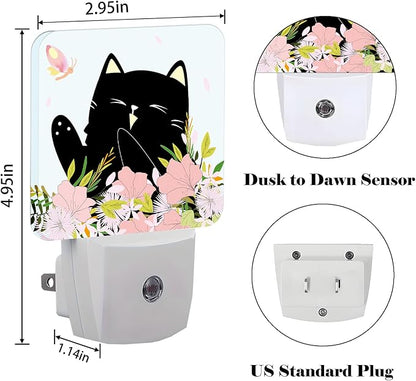 FSHVQKD Black Cat and Flowers Night Light,Plug Into Wall for Boys Girls Bedroom Decorative Square Night Light Lamp 0.5w Sleep Friendly