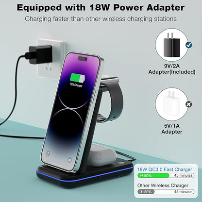 Wireless Charger for iPhone, Foldable 3 in 1 Fast Charging Station/Stand/Multi Charger for iPhone15 14 13 12 11/Xs/XR/X/8, Travel Pad for Apple Watch S8/Ultra/7/6/5/4/3/2/SE, Airpods 2/3/Pro/Pro 2