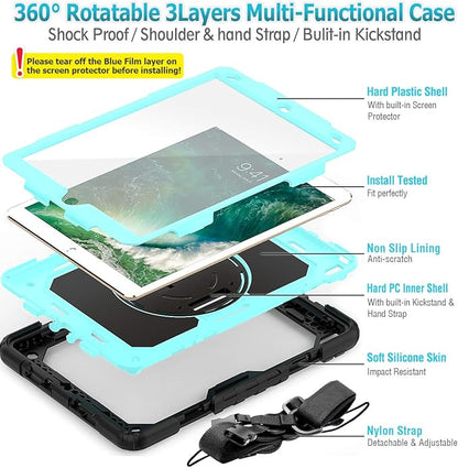 SEYMAC stock Case for iPad Air 3 2019 / Pro 10.5'' with Screen Protector Pen Holder [360° Rotate Hand Strap/Stand], Drop-Proof Case (Brightblue+Black)