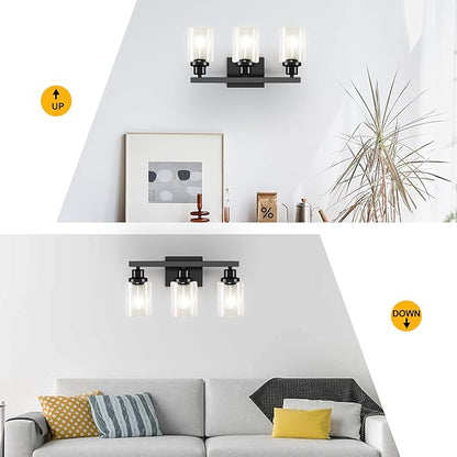 DIKAIDA 3-Light Bathroom Light Fixtures, Black Bathroom Vanity Light with Clear Glass Shade, Modern Bathroom Wall Lights Over Mirror, Farmhouse Wall Sconces Lighting for Bedroom LivingRoom
