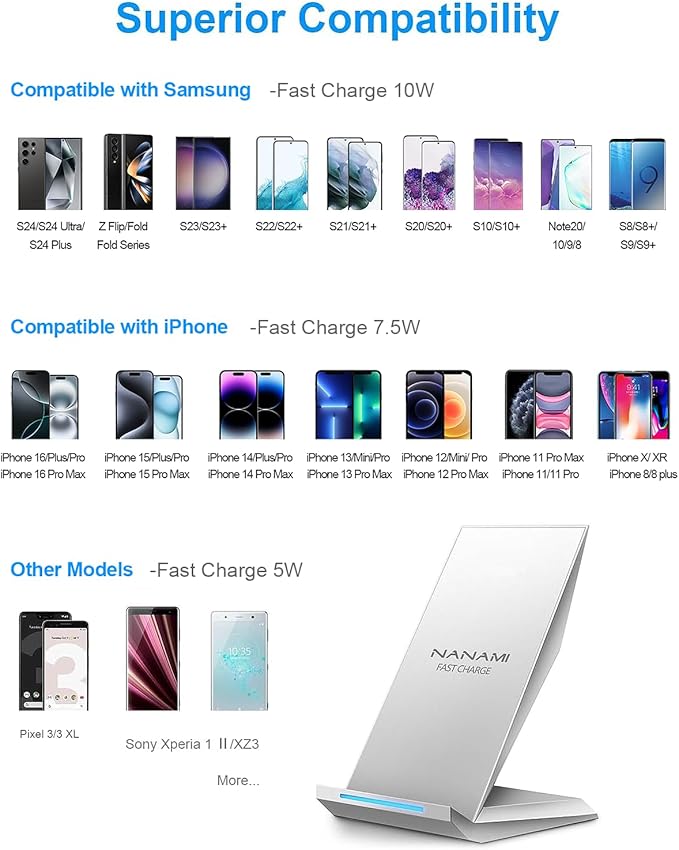 Fast Wireless Charger, NANAMI Qi Certified Wireless Charging Stand Compatible iPhone 16/16 Plus/16 Pro/16 Pro Max/15/14/13/12, Samsung Galaxy S25/S24/S23/S22/S21/S20/Note 20 Ultra and Qi-Enabled Phone