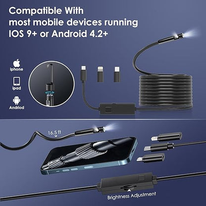 Borescope Camera with Light,16.4FT Semi Rigid Snake, 1920P HD Borescope Camera with 8 Adjustable LED, Borescope for iPhone IP67 Waterproof Automotive Engine Plumbing HVAC Inspection 8 mm (Dual-Lens)
