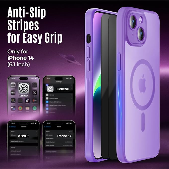 Designed for iPhone 14 Case, Compatible with MagSafe, with Privacy Screen Protectors X2, [Camera Protection] [15FT Military Drop Protection] Shockproof Phone Case, 6.1", Light Purple