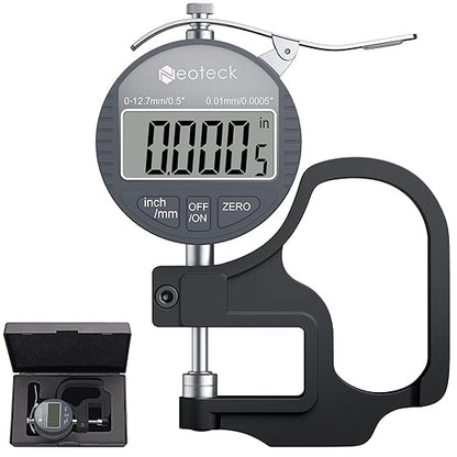 Neoteck Digital Thickness Gauge 0.5inch/12.7mm,0.0005inch/0.01mm LCD Display with Inch/MM Conversion One-Hand Quick Press Thickness Measuring Tool for Leather Paper Fabric Film etc.-Silver-Grey