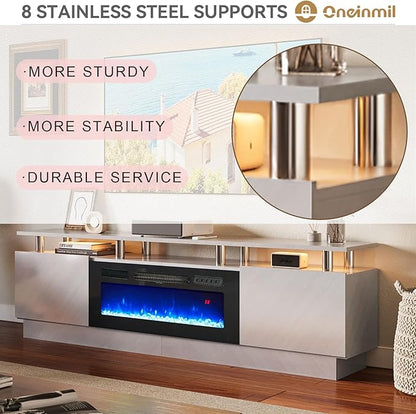oneinmil 36" Electric Fireplace Integrated TV Stand - 70" 2-Tier Console for TVs up to 80", Ideal for Living Room Settings, Gray