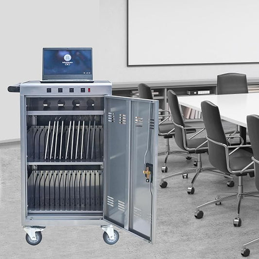 Aokleo Laptop Charging Cart,35 Devices Tablet Storage Carts for pad Up to 16.3" Screen Size, Classroom Computer Mobile Charging Station for pads, Chromebooks,Laptops, Security Storage(31+4 Bay-Silver)