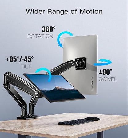 HUANUO 13 to 40 Inch Dual Monitor Arm for 2 Ultrawide Screens, Height Adjustable Full Motion Stand with 2 USB Port, VESA 75/100mm Mount, Holds up to 26.4lbs per Arm, Black