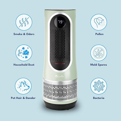 LivePure 3-in-1 LP520 Clean Heat Air Purifier & Electric Heater – Oscillating Portable Heater with 2 Heat Modes and Air Filtration – Heater for Indoor Use in Bedrooms, Home Office & Apartments, Sage