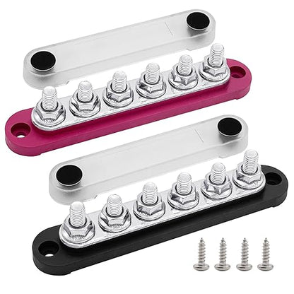 6 x M8 (5/16") Studs Power Distribution Block Bus Bar 12V, Ampper 5.9" HD 200A Marine BusBar Battery Distribution Block W/Cover for Car Boat Solar (Red & Black)