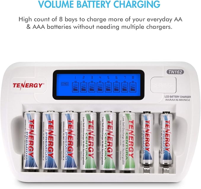 Tenergy AA/AAA Rechargeable Battery and Charger Combo TN162 - 8-Bay Smart LCD NiMH/NiCd Charger With 8 AA & 8 AAA Batteries