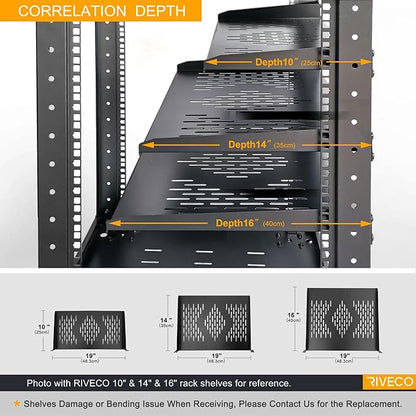 RIVECO 2PCS 1U Rack Shelves, 19” Cabinet Mount 1 U Tray Vented Cantilevers for Computer Case Shelf Mounting, 10 Inches 25CM Depth, Black