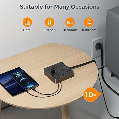TESSAN Black Surge Protector Power Strip 10 ft Cord, Flat Plug Extension Cord with 6 Outlets 3 USB Ports (1 USB C), 1700J Protection, Heavy Duty Power Strip for Indoor Home Office School Dorm Room