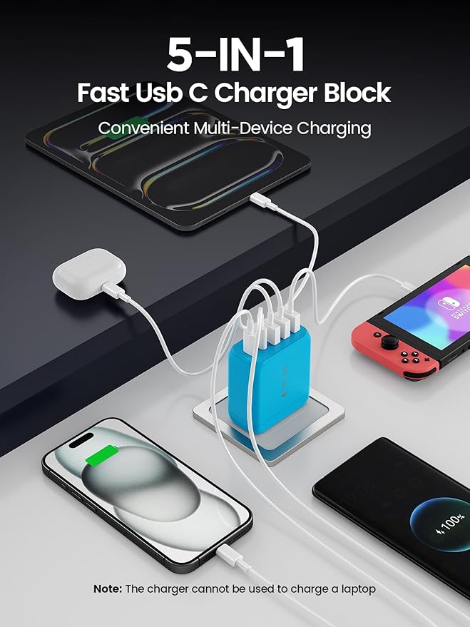 USB C Charger Block, [2-Pack] Type C Charger Fast Charging,50W 5-Port USB Wall Charger Multiport Type C Charging Block Cube for iPhone 1615 14 13 12 11 Pro Max XS,iPad,Samsung&More-Blue