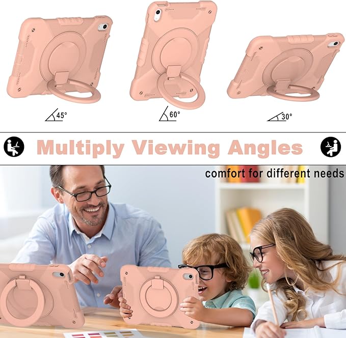 Case for iPad (A16) 11th Generation 11 inch 2025/10th Generation 10.9 inch 2022, Heavy Duty Shockproof Kids Protection Cover with Pencil Holder/360° Rotating Stand/Handle/Shoulder Strap, Rose Gold