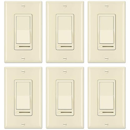 BESTTEN 6 Pack Dimmer Wall Light Switch, Compatible with Dimmable LED, CFL, Incandescent and Halogen Bulb, Single Pole or 3-Way Dimmer Switches, 120VAC, Decorator Wallplate Included, Almond