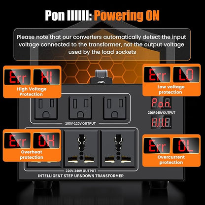 3000W Voltage Converter Transformer Step Up 110V/120V to220V/240V or Step Down 220V to 110V AC Power Converte, Circuit Breaker Protection, 3 US sockets, 3 Universal sockets, LCD Display