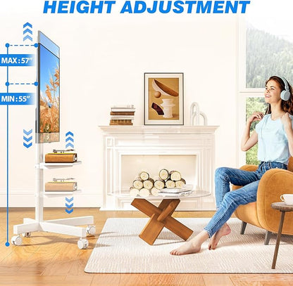 Rfiver Mobile TV Stand for 23-60 Inch LCD LED Flat/Curved Panel Screen TVs up to 88 lbs, Rolling TV Stand with Adjustable Shelf & Tilt, Portable Floor Stand on Wheels for Bedroom, Living Room, White