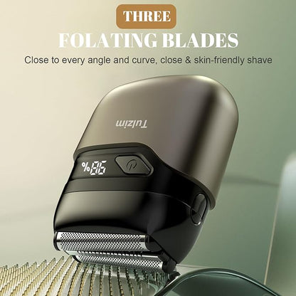 Tulzim Electric Foil Shaver for Men: Portable Electric Razor for Beard/Face, 3 Floating Blade LED Display USB-C Fast Rechargeable, IPX7 Waterproof for Travel & Home,Matte Brown