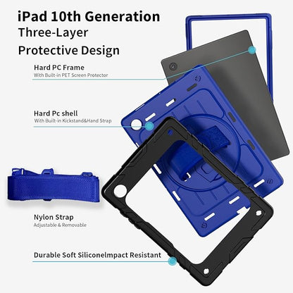 for Samsung Galaxy Tablet A8 Case 10.5 inch 2022 SM-X200/X205/X207 with Screen Protector [360 Rotating Stand] &Hand Shoulder Strap Shockproof Rugged Protective Cover|Black&Blue