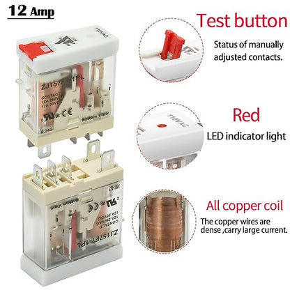 12 Pcs 12Amp Mini Relay Switch DPDT with Test Button 110V/120V AC 1NO 1NC 5Pin Socket Base with Indicator Light UL Certification