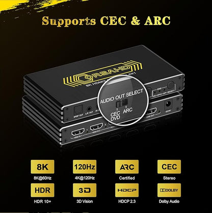 CORSAHD 4K@120Hz HDMI 2.1 Switch 4 in 1 Out with Audio Extractor,48Gbps,HDCP 2.3,HDR 10+,ARC,VRR,ALLM,CEC,IR Remote,Optical SPDIF 5.1Ch,AUX L/R 3.5mm 2.1Ch,HDMI Switcher 4x1,4 Port HDMI Selector
