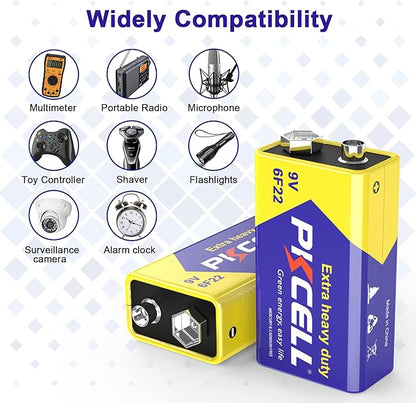 PKCELL 9V Batteries, 24 Pack 9 Volt Batteries Carbon Zinc, 9V Battery for Smoke Detector, Alarms, 6F22 Square Battery