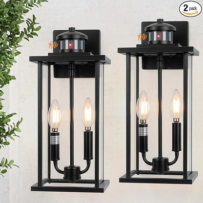 SIAFAVOI Large Motion Sensor Outdoor Sconce 2-Pack, 16" Black Dusk to Dawn Wall Light, Outdoor Wall Mount Fixtures, 2-Light Exterior Waterproof Wall Lights, Doorway, House Front Door, Patio, Garage