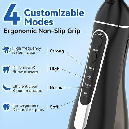 Cordless Portable Water Flosser with 300ML Tank: Rechargeable Oral Irrigator with 5 Tips for Travel, Braces Care and Sensitive Gums, IPX7 Waterproof Teeth Cleaning Device(Black)