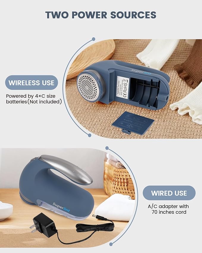 SUPER LINT Electric Sweater Shaver Fuzz Pill Bobble Remover for Fabric Fleece Curtains Clothes, Marine Blue & Silver