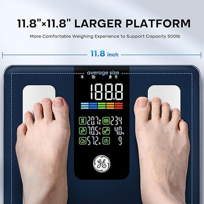 GE Smart Scale for Body Weight, BMI, Fat, Muscle Mass, Digital Bathroom Scales 500lbs Bluetooth 11.8" Large Platform Weighing Machine Health Monitor with App, Blue Button Control