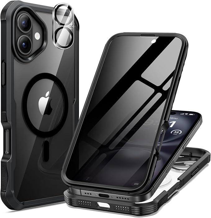 seacosmo for iPhone 16 Plus Case, Full Body Bumper with Built-in 9H Tempered Glass Privacy Screen Protector and Camera Lens Protector, Compatible with MagSafe, Shockproof Phone Cover, 6.7", Black