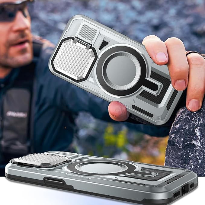 Camera Stand Case for iPhone 15, [Compatible with MagSafe] [Lens Cover] 2024 Version Military Grade Protective Soft Case for iPhone 15 6.1 inch Men Women, Grey